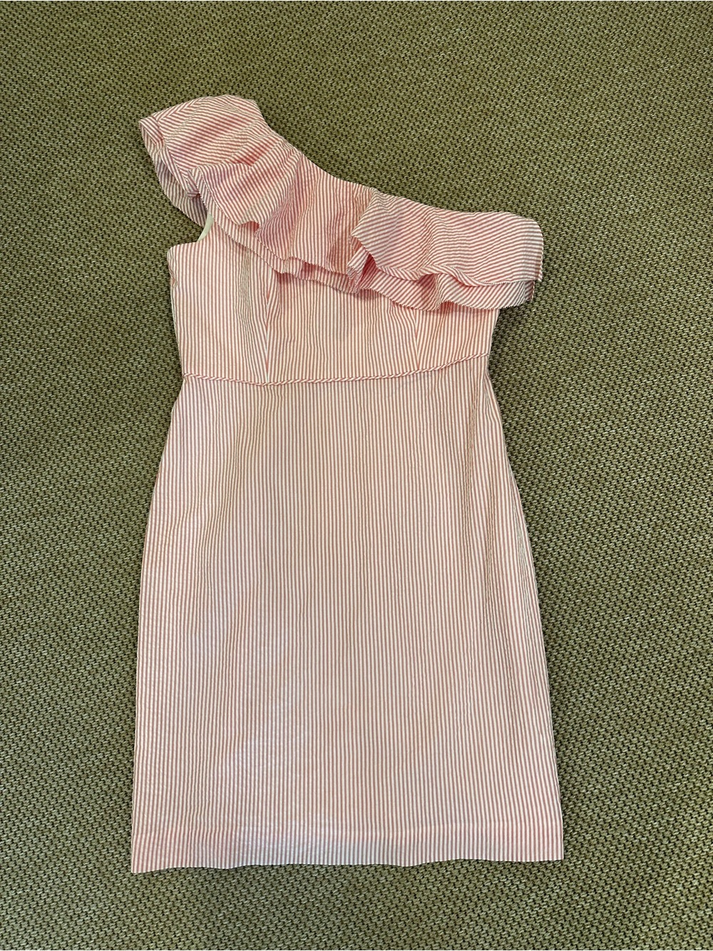 J. Crew Pink and White One-Shoulder Ruffle Dress